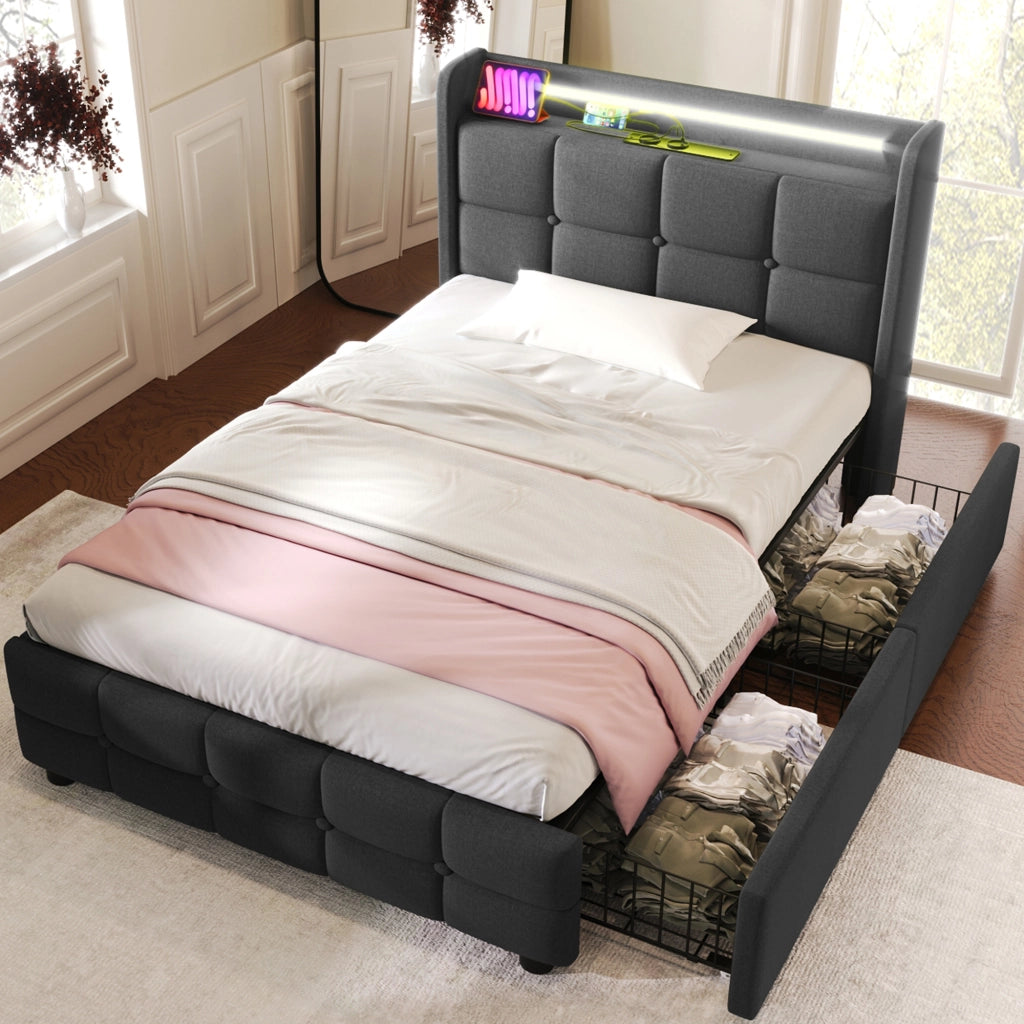 LETTO Singolo 90x200 cm Grigio con USB, LED e 2 Cassetti