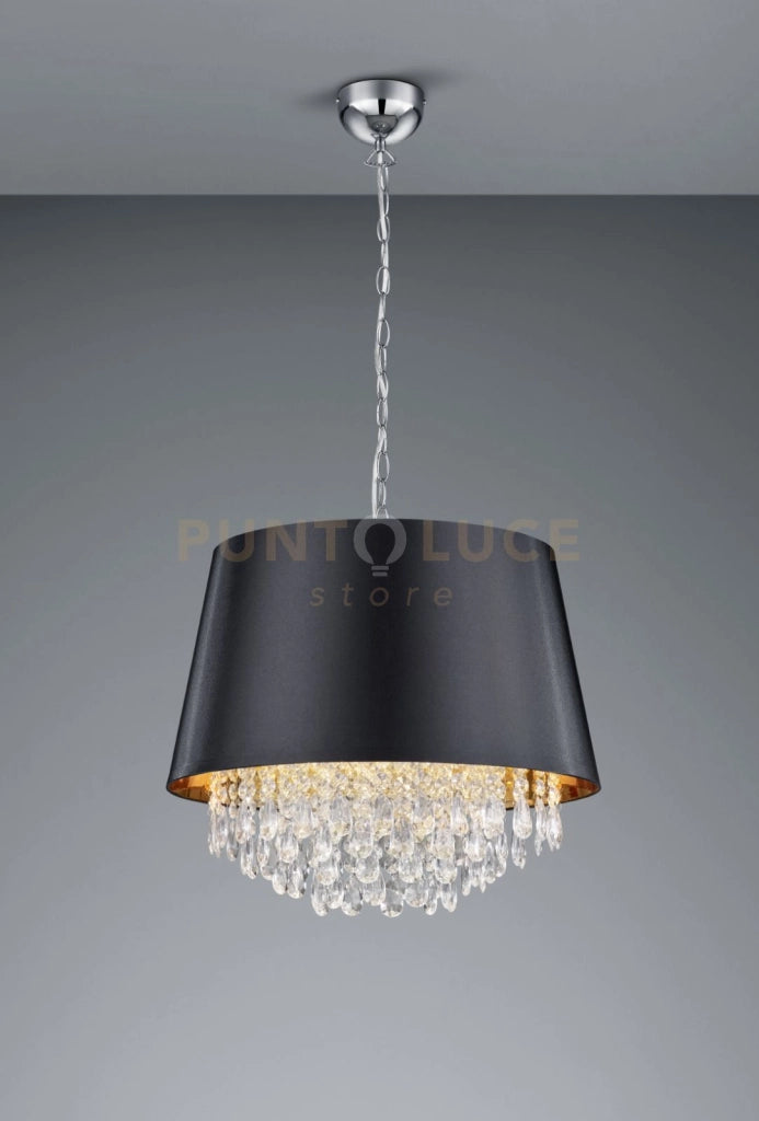 LORELEY SOSPENSIONE CROMATA PARALUME STOFFA NERO INTERNO ORO CON PENDAGLI TRASPARENTI D. 50CM 3 LUCI ATTACCO E14