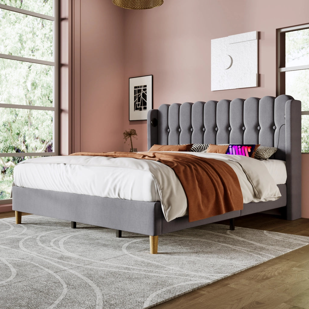 LETTO Matrimoniale 140x200 cm in lino grigio con USB e Type-C