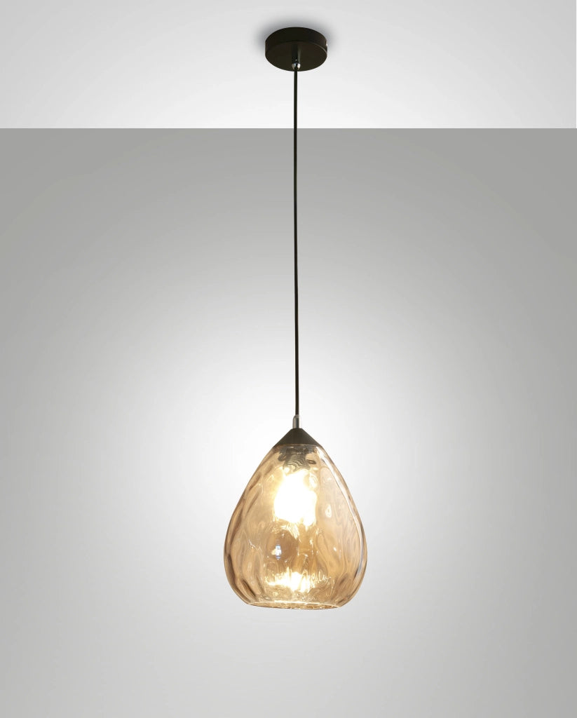 Gisella Lampada a Sospensione in Metallo e Vetro Soffiato Colore Ambra, Attacco E27 60W, Design Elegante per Interni IP20, Diametro 20cm