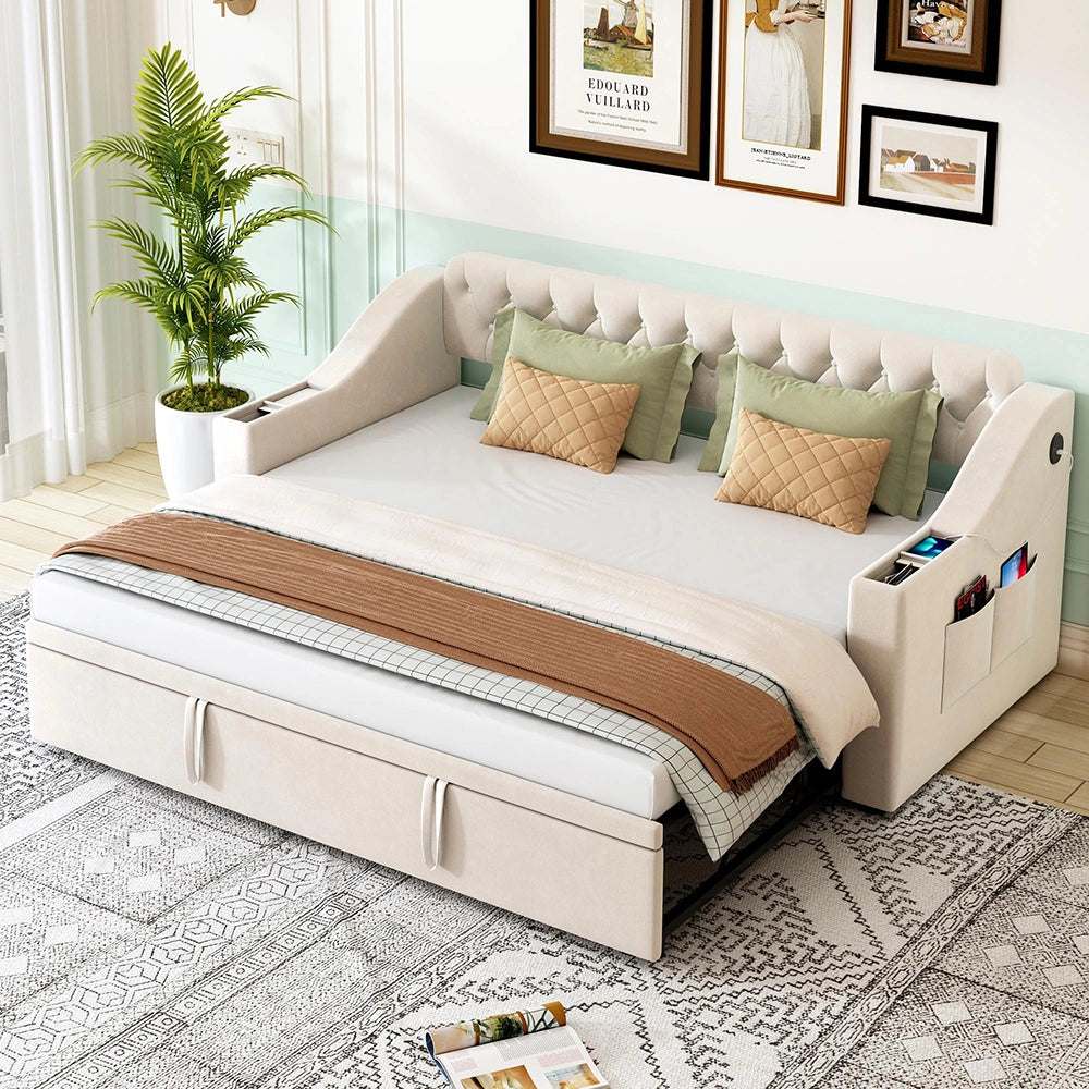 Divano letto - Xylo - 90/180x190 cm braccioli USB velluto beige