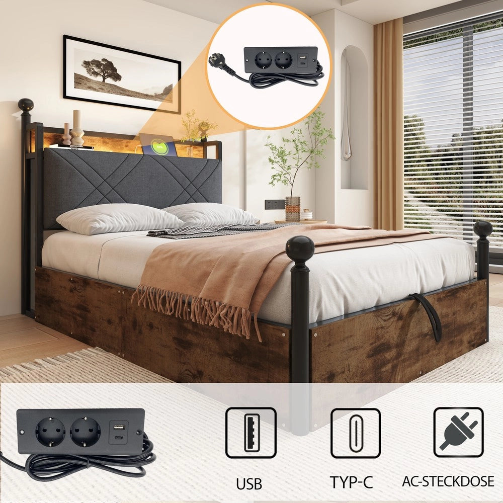 Letto Singolo con Baldacchino, Cassetti e LED ¨C MINIMAL ¨C 90x190, Ferro, con USB