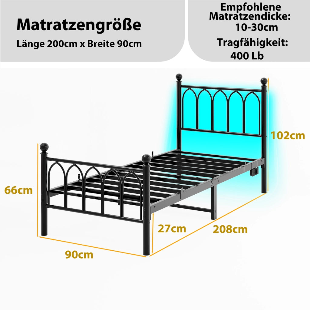 Giroletto con LED e USB ¨C MINIMAL ¨C Metallo Nero 90x200 con Contenitore