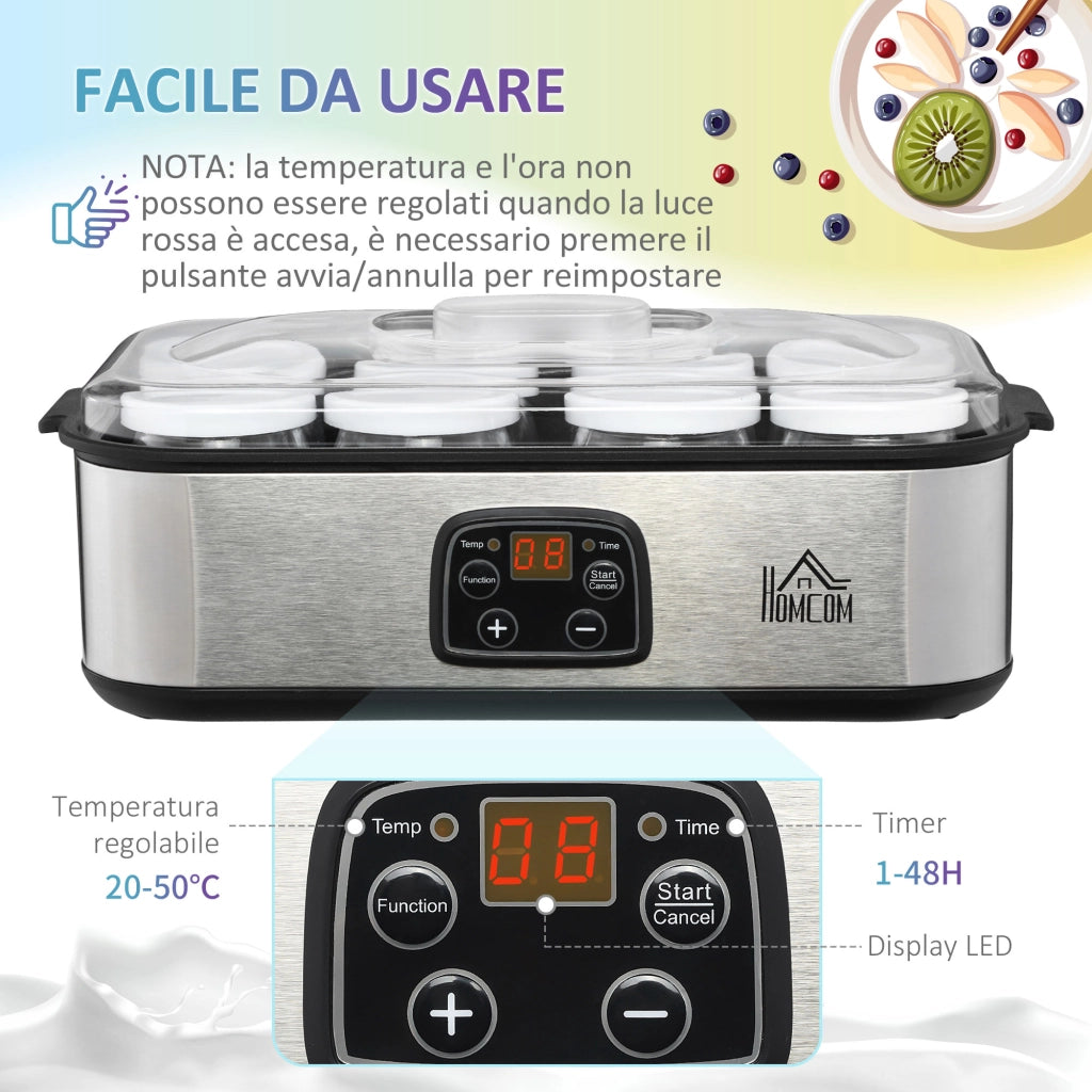 EasyComfort Yogurtiera Elettrica 25W con 8 Vasetti Inclusi, Timer 1-48 Ore e Temperatura Regolabile 20-50°C, 36x18.8x14cm, Argento