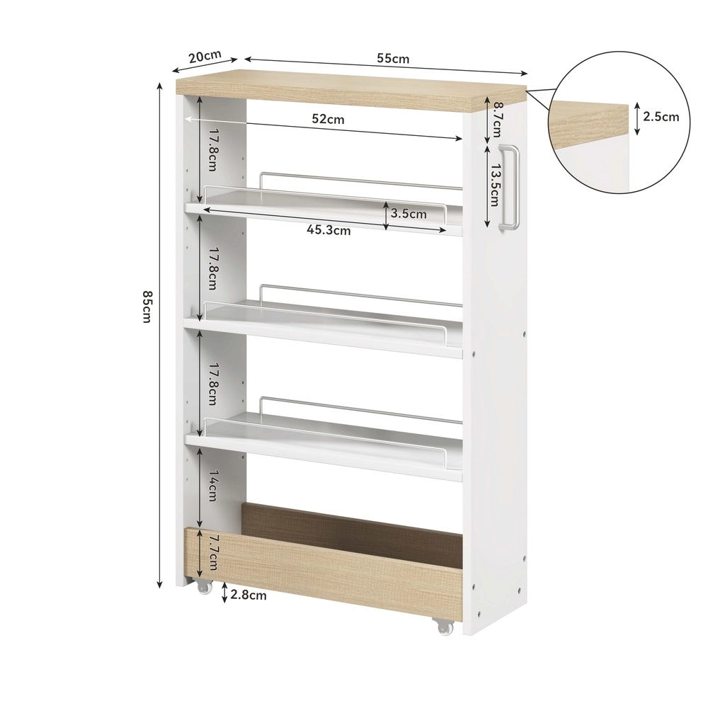 Carrello Portaoggetti Slim con Ruote ¨C Xylo ¨C Bianco/Legno, 4 Ripiani Regolabili, 85x55x20 cm