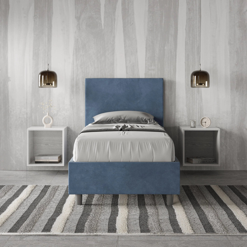 BS COM Letto singolo contenitore imbottito 80x200 microfibra blu