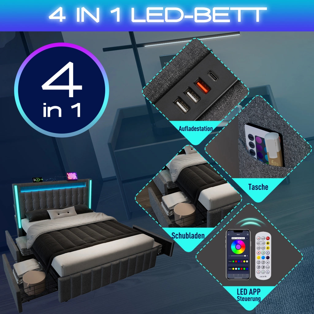 LETTO in lino 160x200 cm grigio con USB, LED e 4 cassetti