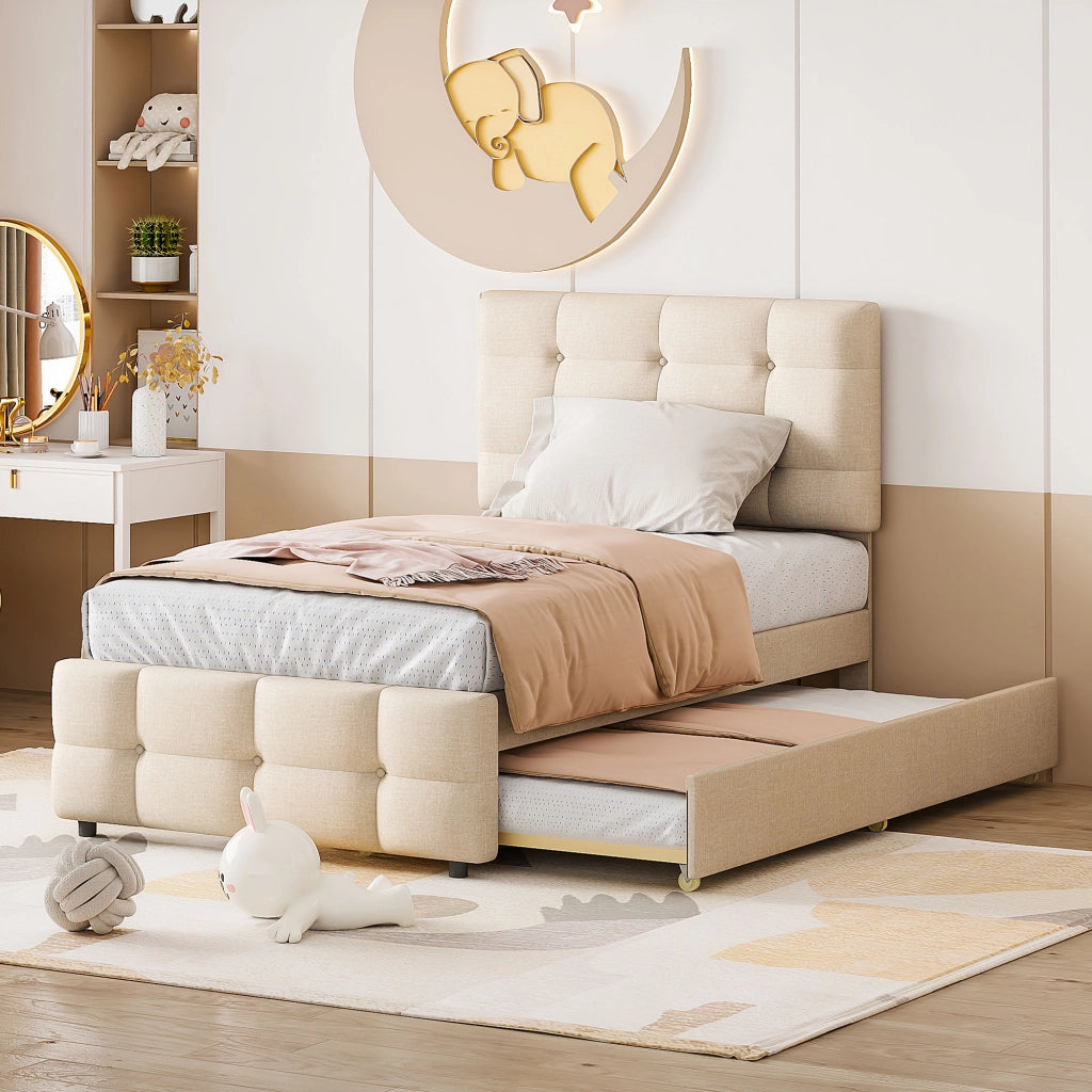 LETTO imbottito per bambini 90x200 cm Beige con letto estraibile