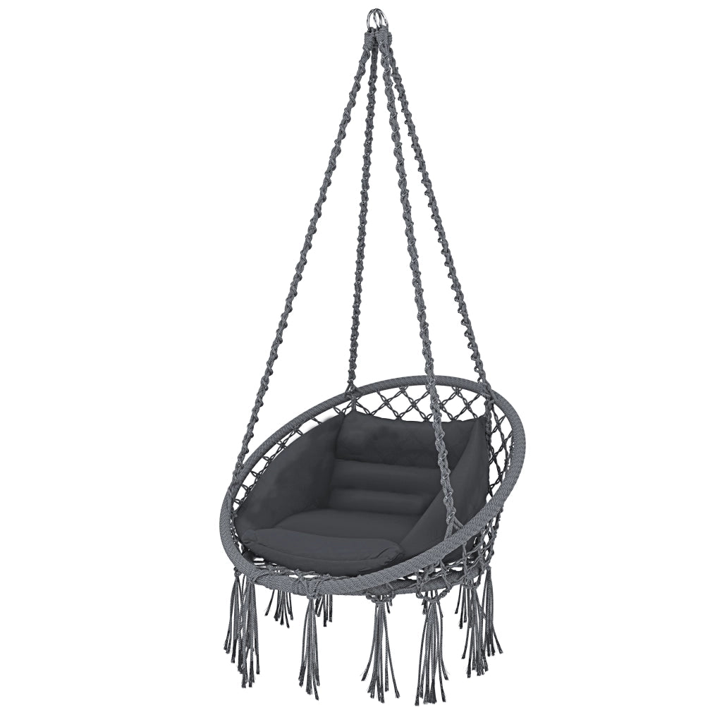 Poltrona Sospesa Pensile Da Giardino Con Corda In Cotone Effetto Macramè E Struttura In Acciaio Cuscino Sedia Dondolo Amaca Con Seduta Imbottita Esterno Terrazzo Design Moderno Fino A 160 Kg Grigio