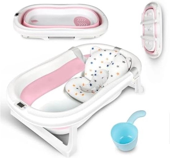 Bagnetto per Bambini Grande con Sensore di Temperatura, Bagnetto per Bambini Pieghevole con Cuscino, Supporto Antiscivolo con Piede, Bagnetto Pieghevole per Bambini Pezzettini