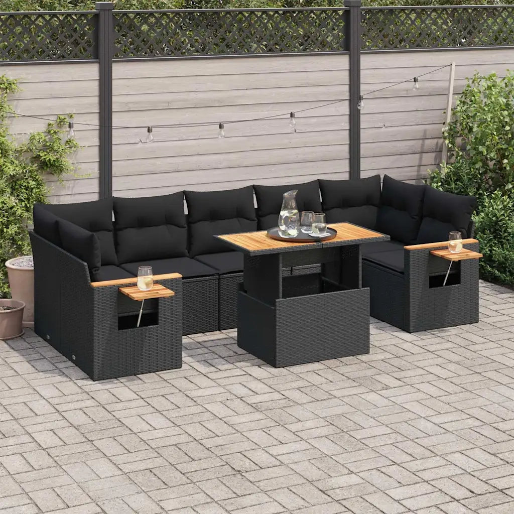 Set Divani da Giardino con Cuscini 8 pz Nero Polyrattan Acacia 3327569