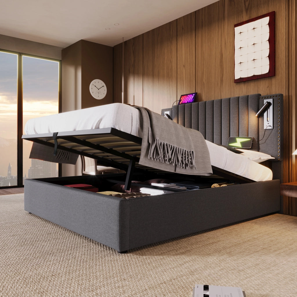 LETTO Contenitore 160x200 cm Grigio in cotone con testiera regolabile, luce e USB