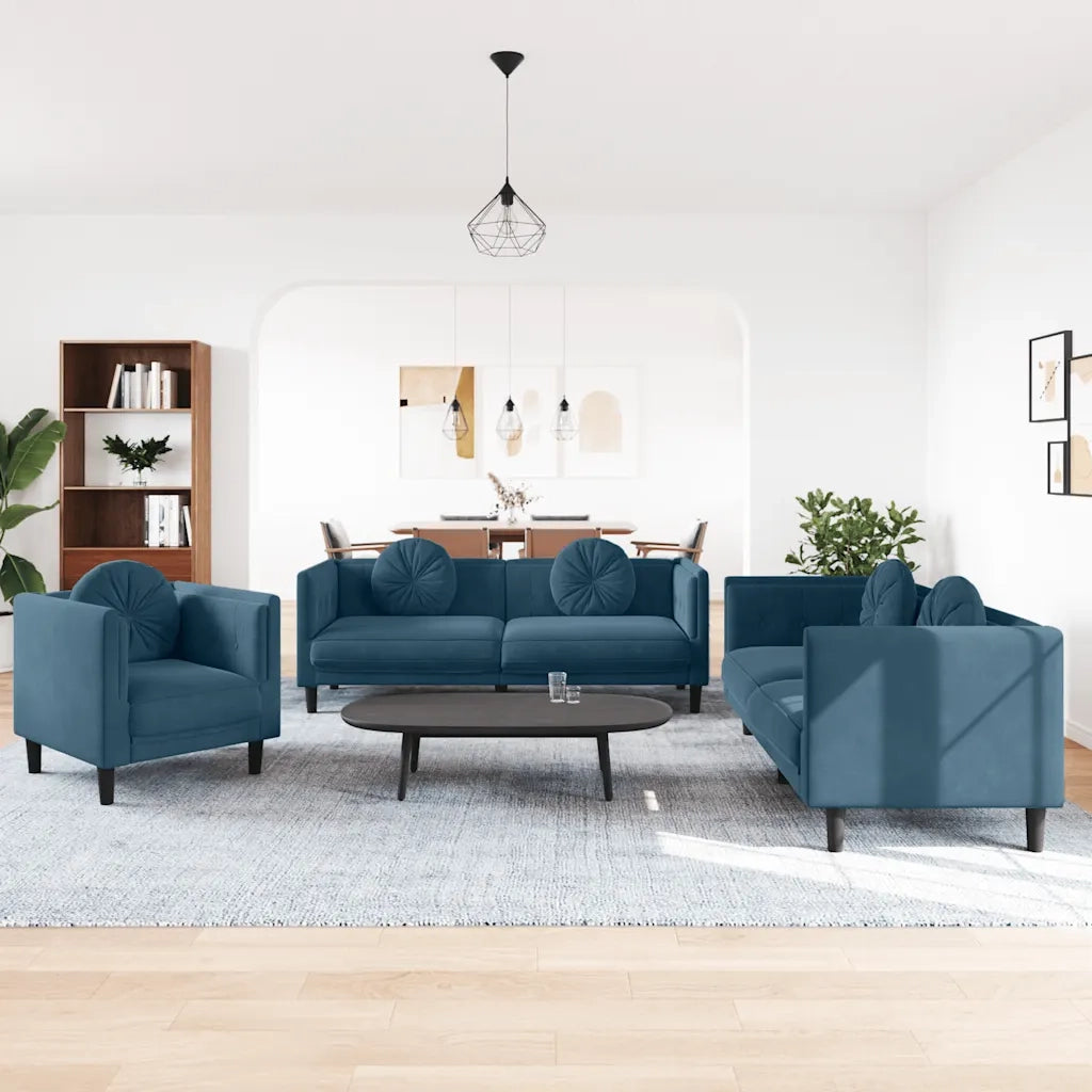 Set di Divani 3 pz con Cuscini Blu in Velluto