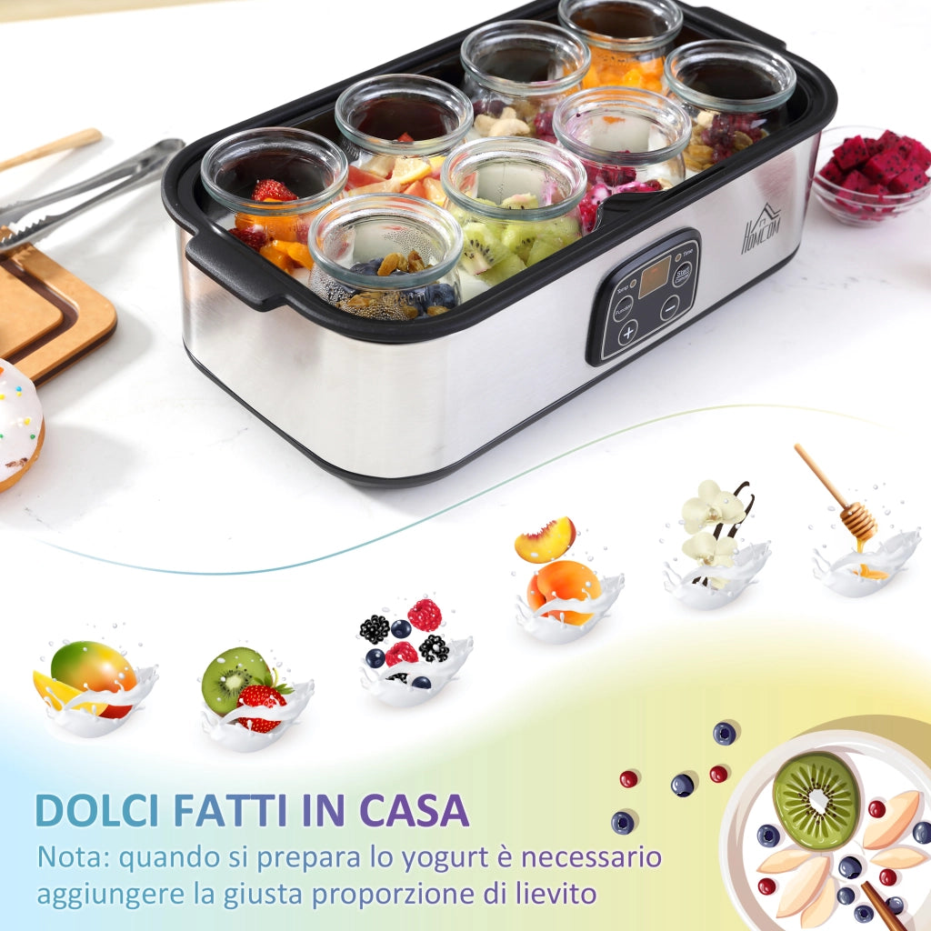 EasyComfort Yogurtiera Elettrica 25W con 8 Vasetti Inclusi, Timer 1-48 Ore e Temperatura Regolabile 20-50°C, 36x18.8x14cm, Argento