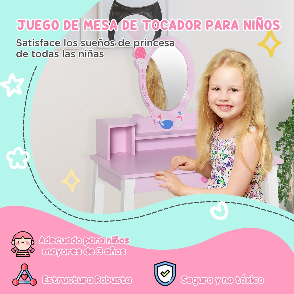 Tocador con Specchio e Sgabello per Bambini ¨C Minimal ¨C Rosa 60x34x93 cm