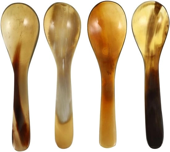 Set di posate a 4 pezzi - Cucchiaio per uova / cucchiaio per dessert - Cucchiaio per caffè / cucchiaio per mescolare - Cornice di corno di bue di alta qualità - Duraturo e sicuro - Adatto per il tè pomeridiano - Set da tavola