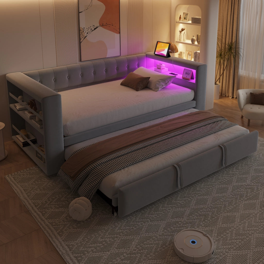 DIVANO LETTO 180x190 cm con LED, prese e contenitore, Grigio chiaro