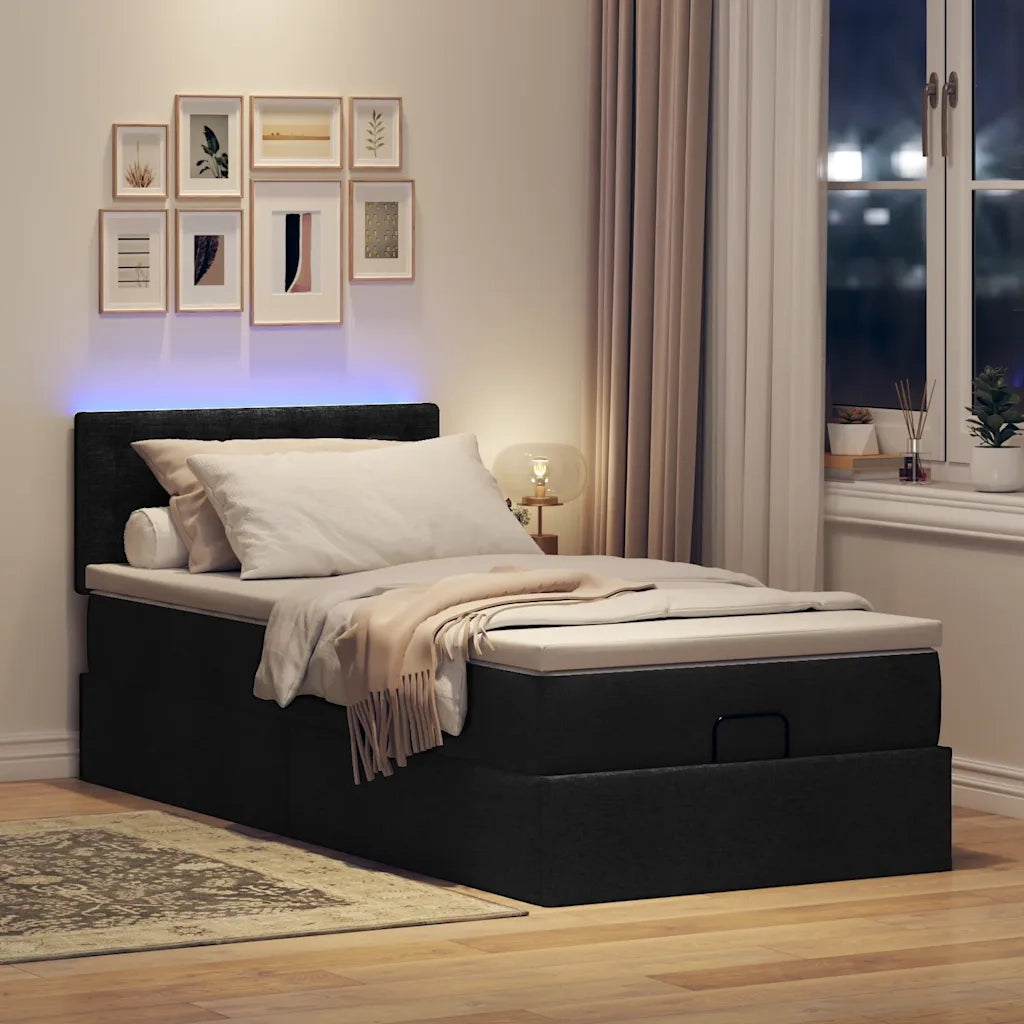 Pouf Letto con Materasso e LED Nero 80x200cm in Tessuto