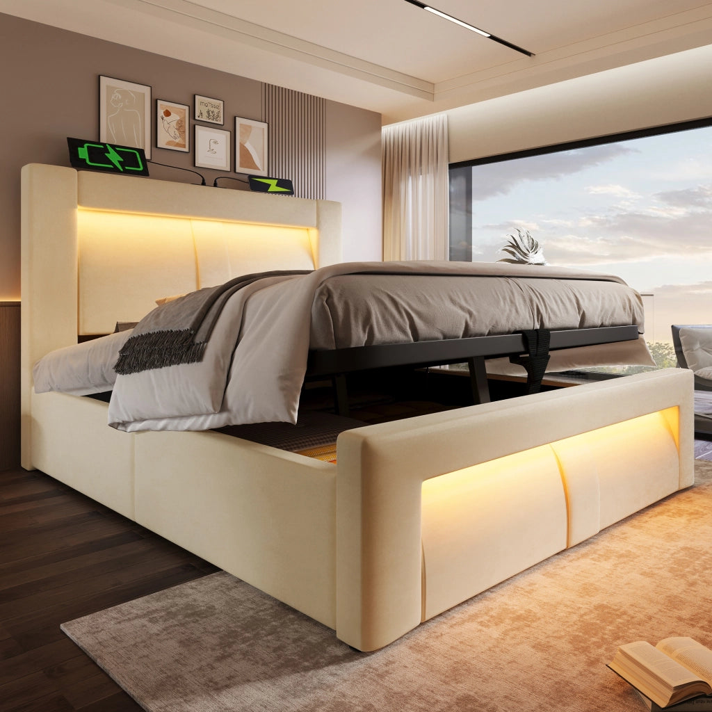 LETTO Singolo 90x200 cm in velluto beige con LED e porte USB/Type-C