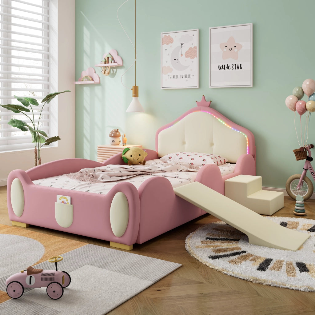 LETTO imbottito per bambini 90x200 cm PU rosa e beige con LED, scivolo e scala