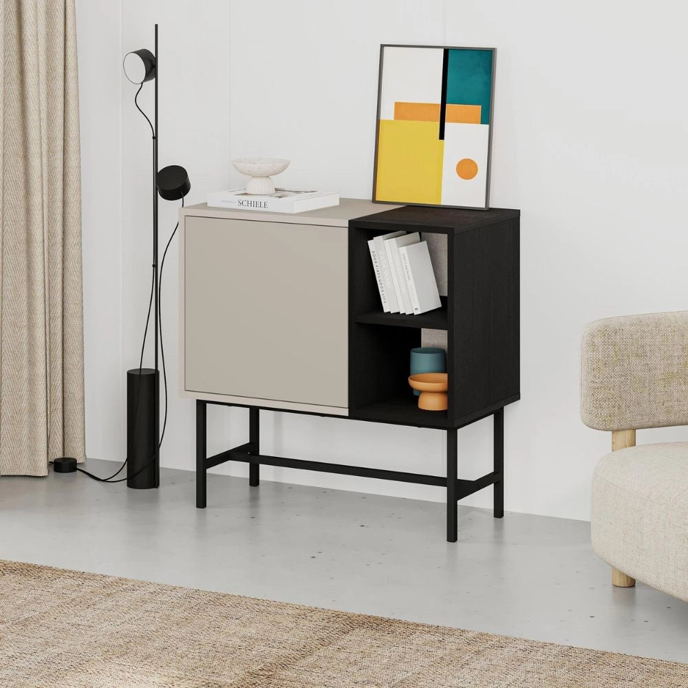 Mobile multiuso Mona Mini con anta cashmere e due vani a giorno neri 81x40x80H