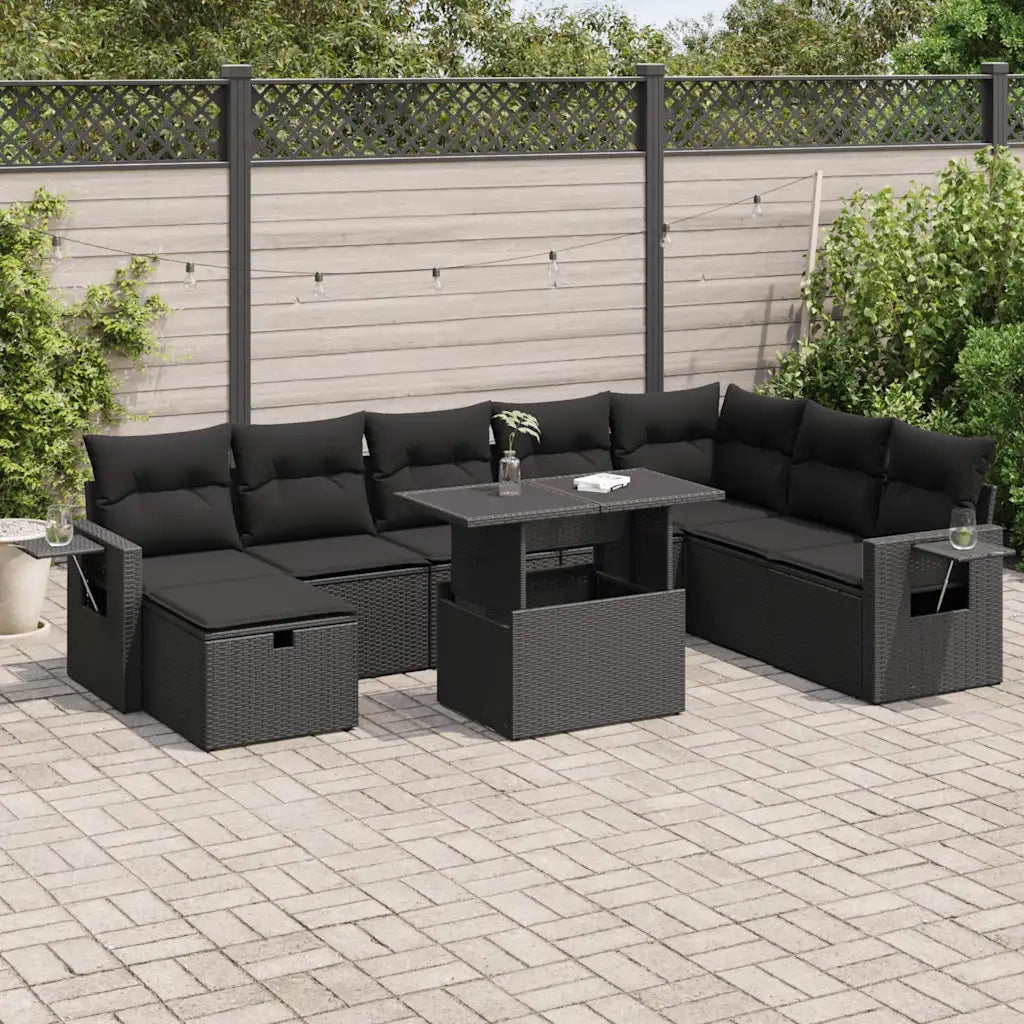 Set Divani da Giardino 9 pz con Cuscini Nero in Polyrattan 3327875