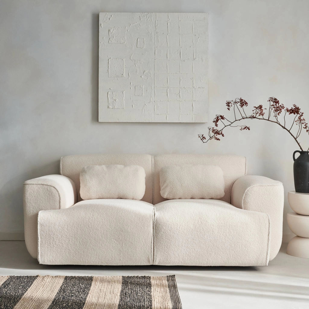Divano in tessuto bouclé, 2 posti, crema