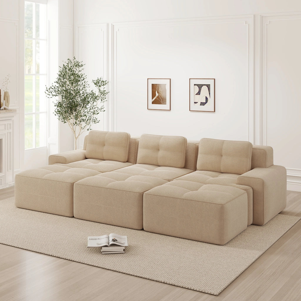 Divano Angolare Modulare 3 Posti con Pouf ¨C Xylo ¨C Beige, Tessuto Cord, con Dormeuse