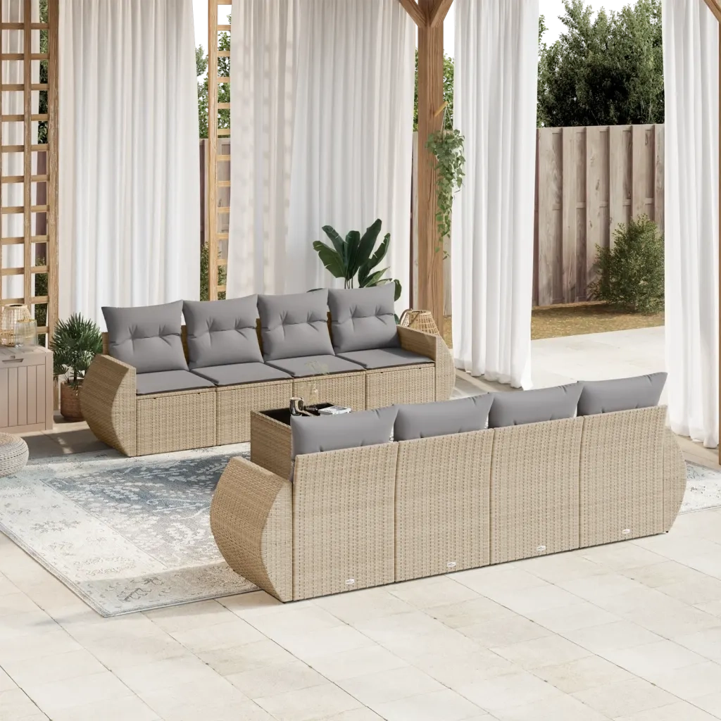 Set Divano da Giardino 9 pz con Cuscini Beige in Polyrattan 3253486