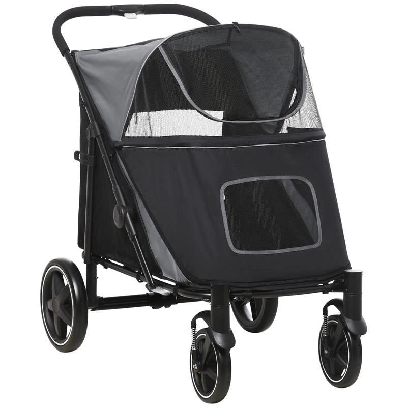 PASSEGGINO PER CANI PIEGHEVOLE CON INGRESSI A CERNIERA E FINESTRE A RETE 112X65X100 CM GRIGIO SCURO E NERO