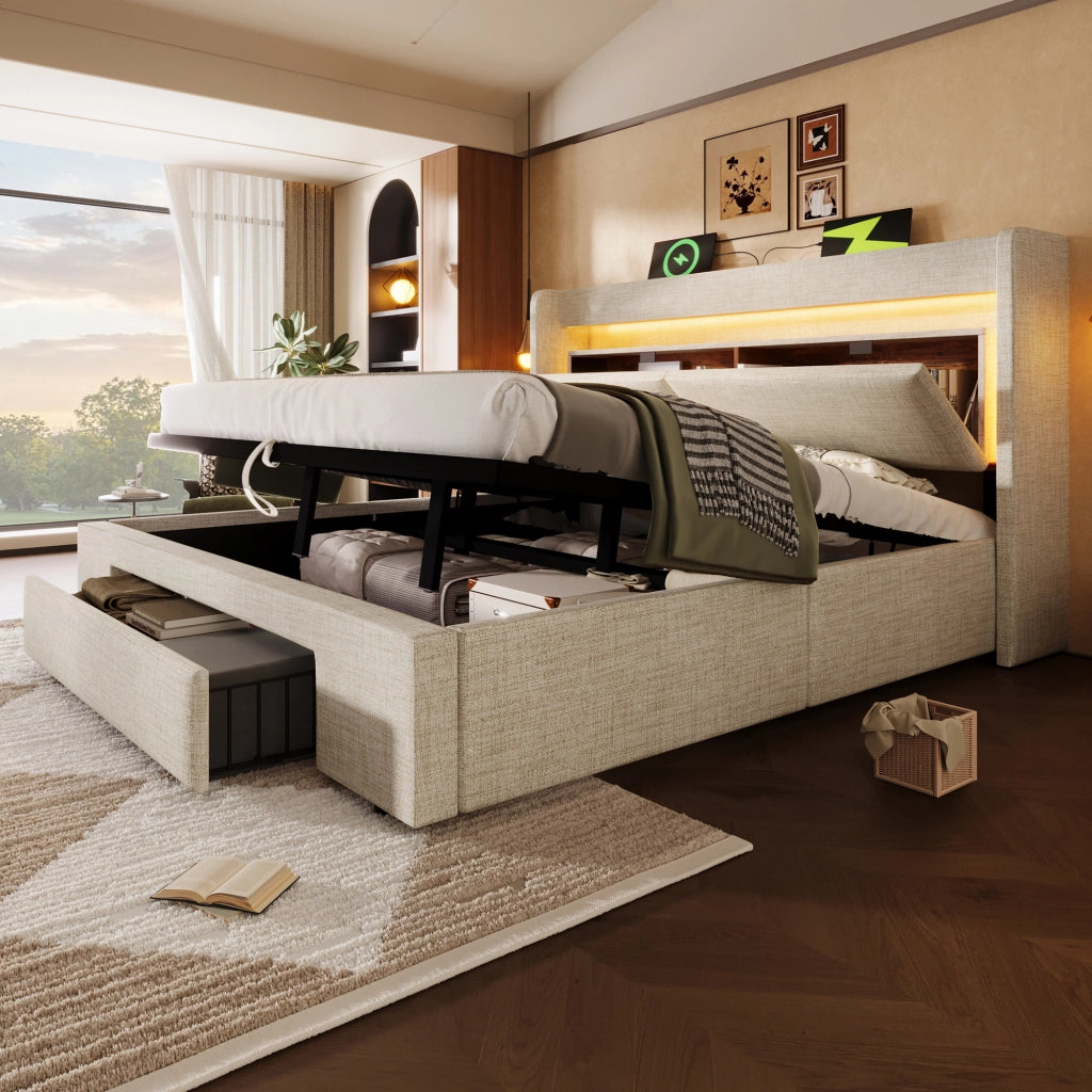 Letto imbottito 140x200 idraulico LED USB/Type-C lino beige