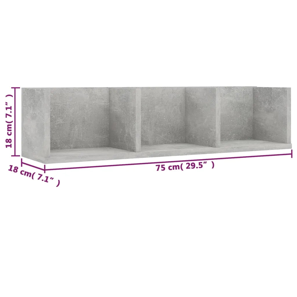 Scaffale Porta CD Parete | Mensola sospesa Grigio Cemento 75x18x18 cm Multistrato