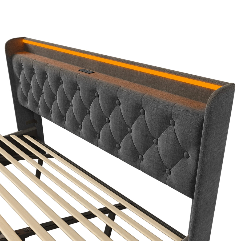 LETTO Contenitore 180x200 cm in lino grigio con LED, USB e Tipo C
