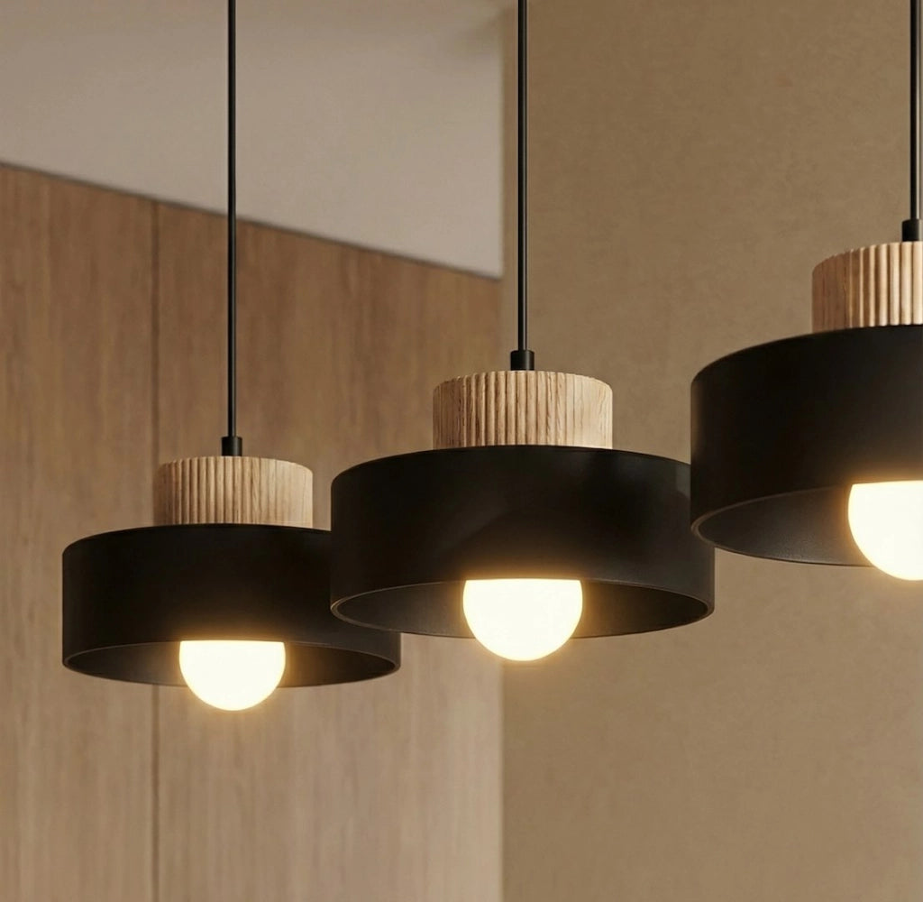 Lampada sospesa japandi KIVI nera legno 3xE27 Emibig