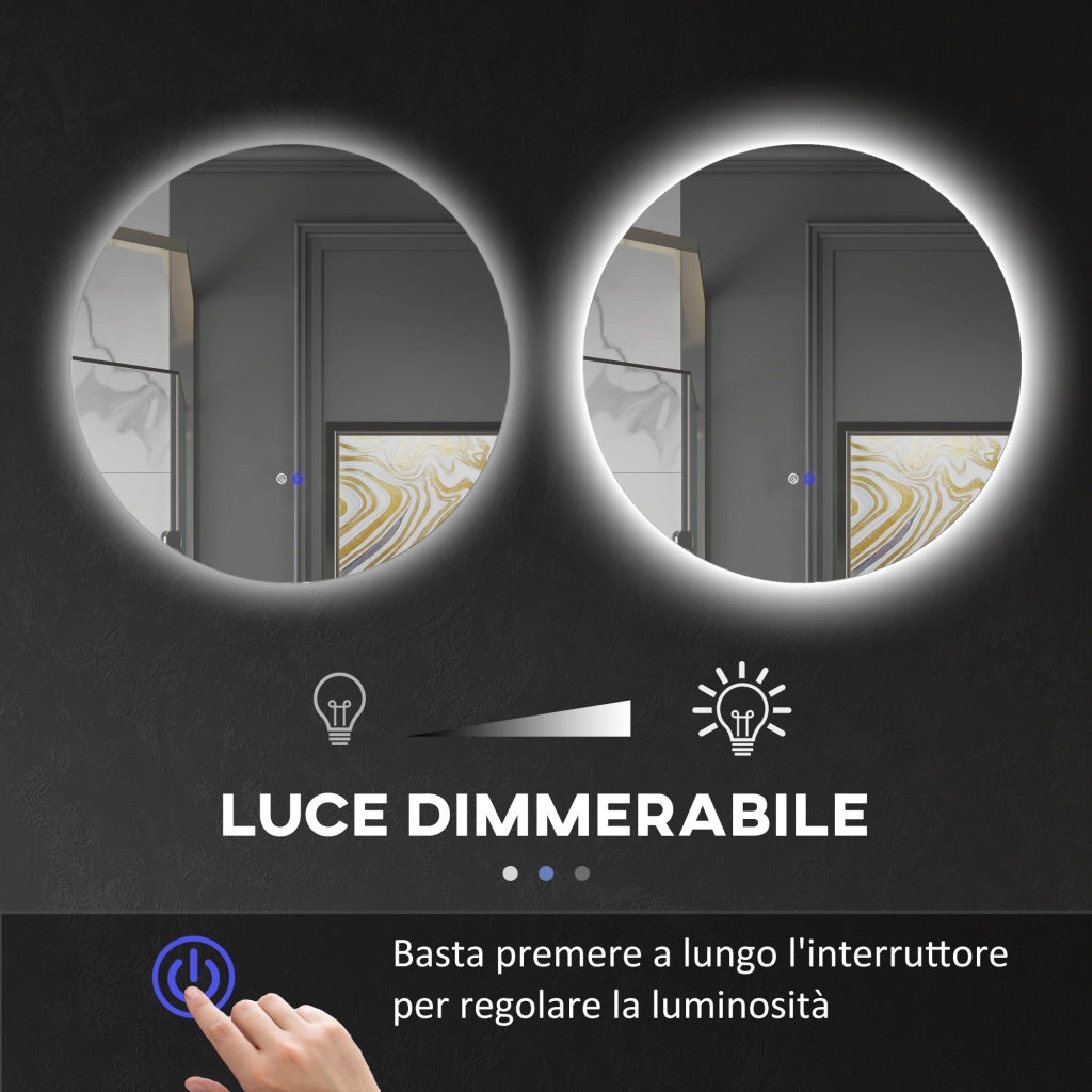Specchio Bagno con Luci LED Regolabili, Interruttori Touch e Design Antiappannamento, ?70 cm