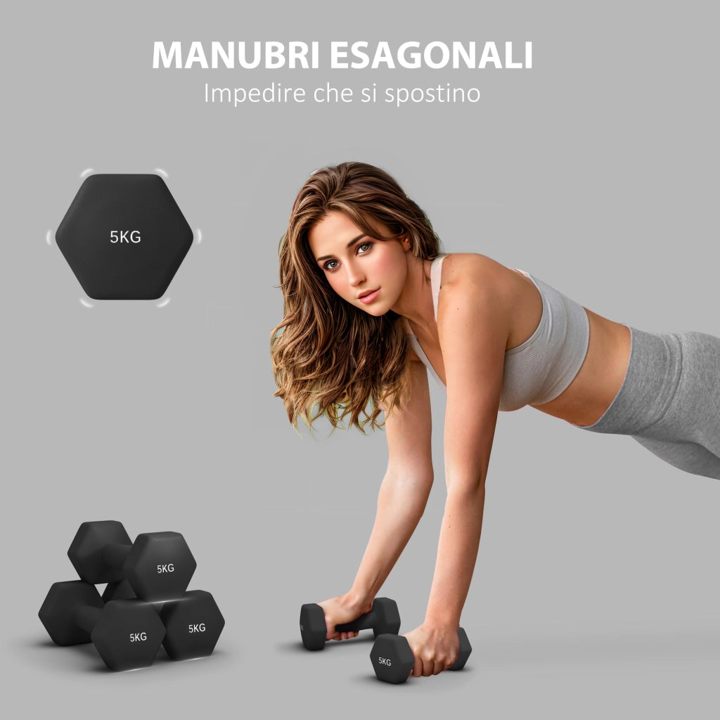 Manubri Esagonali da 5 kg ¨C Minimal ¨C Nero, Metallo e Plastica