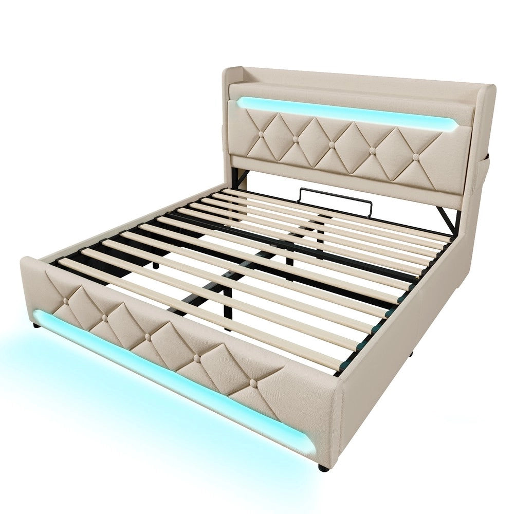Letto Contenitore Matrimoniale Imbottito con LED e USB ¨C MINIMAL ¨C Beige 160x200