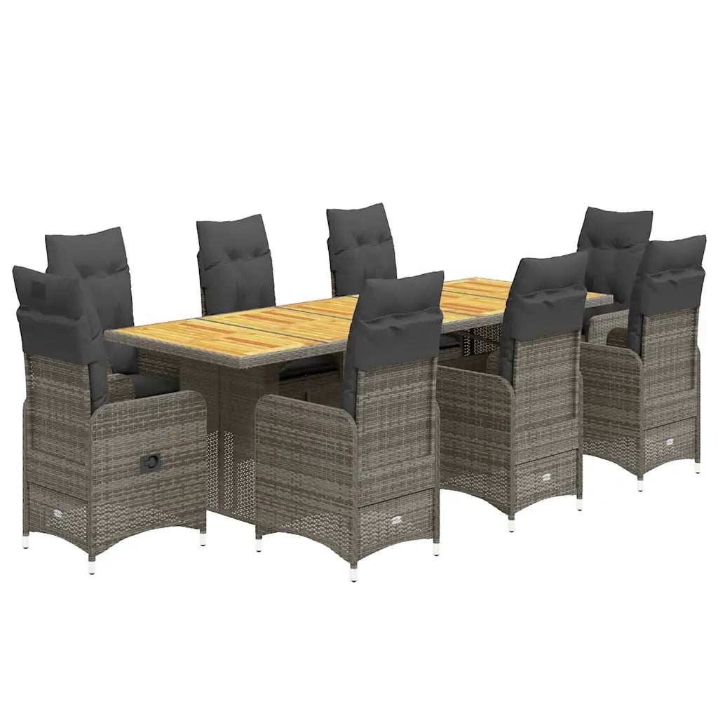 Set Bistrò da Giardino 9 pz con Cuscini in Polyrattan Grigio