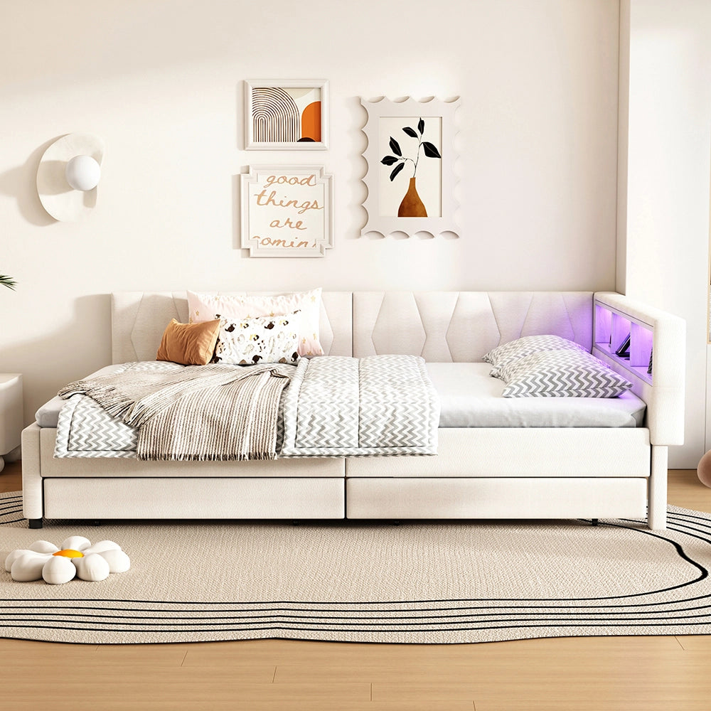 Daybed-Xylo-140x200 cm-LED, USB-C, 2 cassetti, lino beige