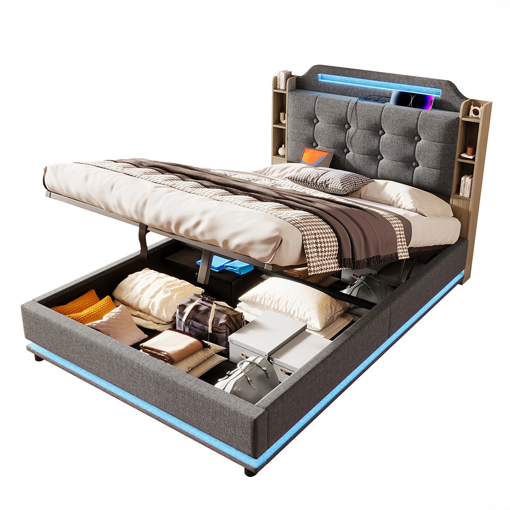 Letto-Xylo-140x200 cm-LED, USB-C, scomparti, lino grigio