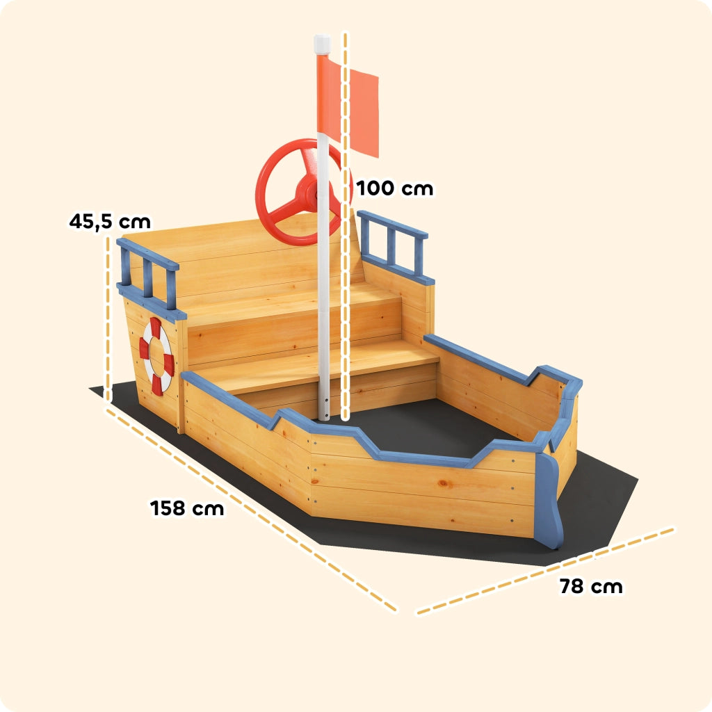 Arenero per Bambini in Legno con Bandiera e Timone ¨C zephmum ¨C Naturale 158x78x45,5 cm