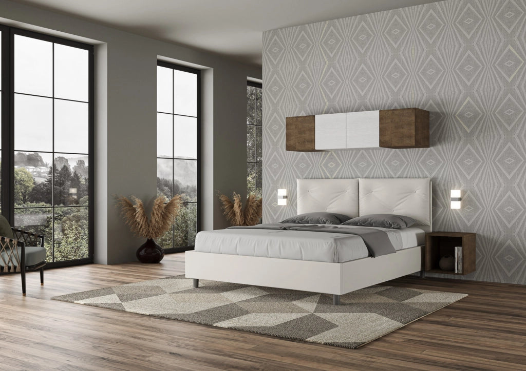 BS COM Letto matrimoniale con rete imbottito 160x200 similpelle bianco