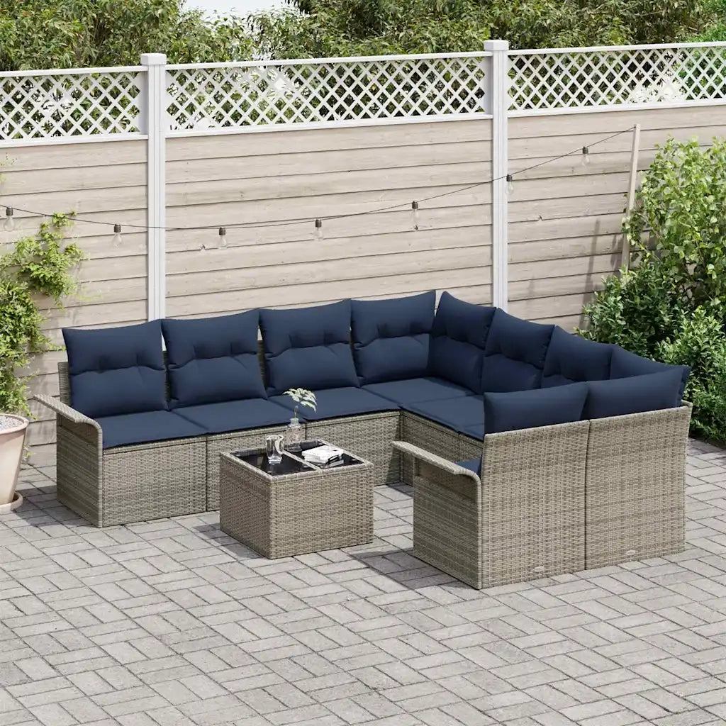 Set Divano da Giardino 9 pcs Grigio e Blu Navy polyrattan 3353974