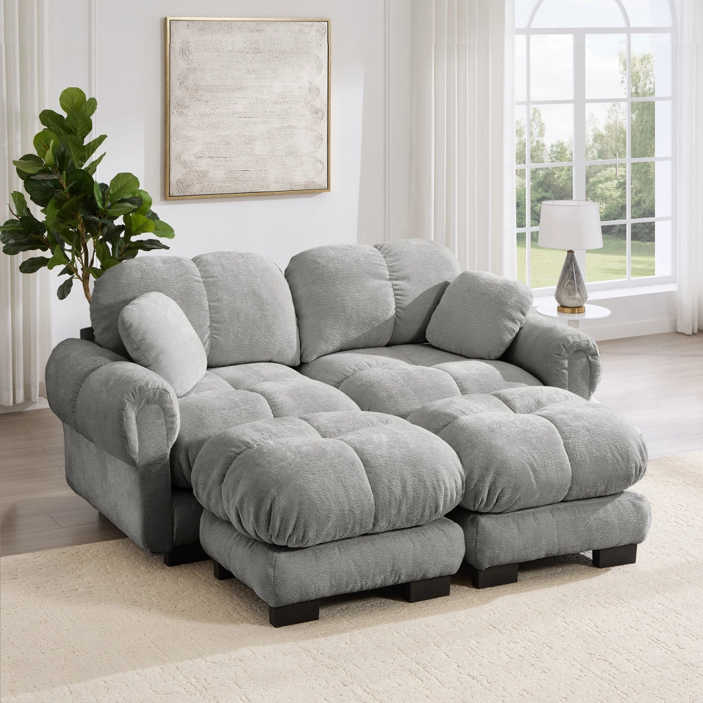 Divano modulare a 2 posti in ciniglia con chaise longue mobile e cuscini trapuntati, Grigio chiaro