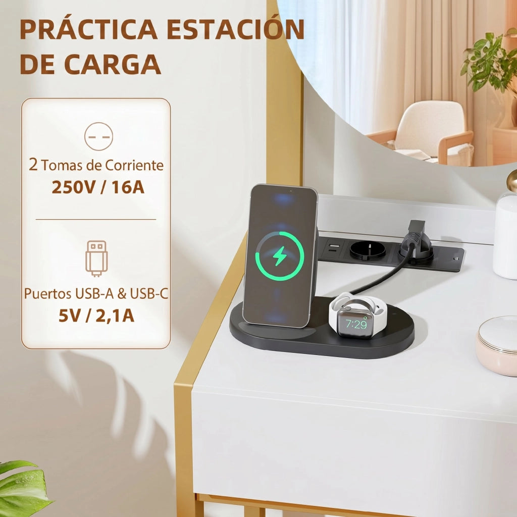 Cassettiera con specchio e sgabello imbottito ¨C Minimal ¨C bianco 60x40x