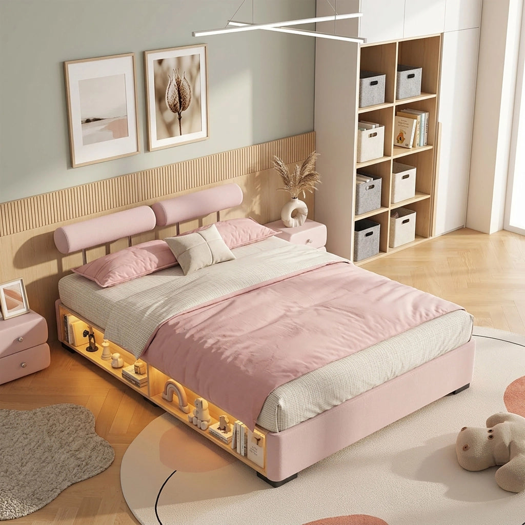 LETTO imbottito con LED e scaffale laterale aperto 140x200 cm velluto rosa