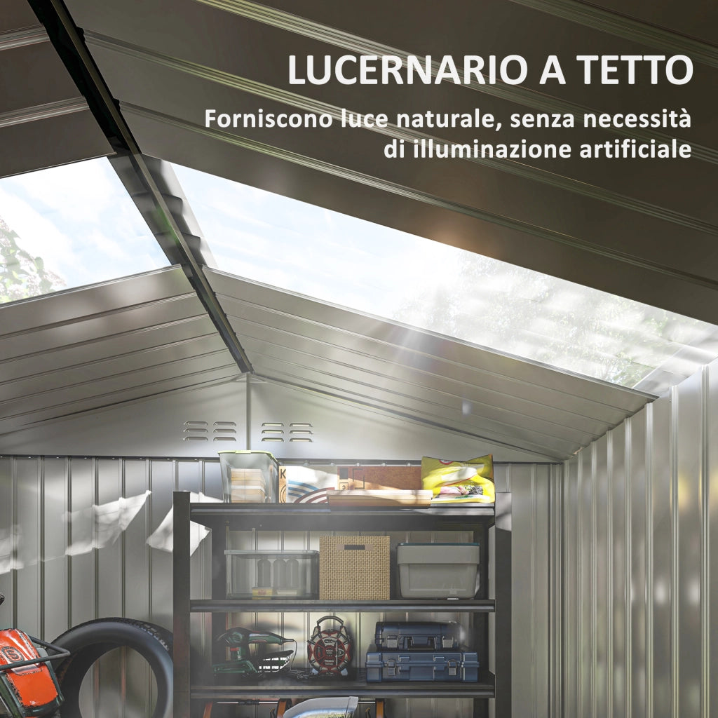 Casetta Porta Attrezzi in Acciaio con Tetto Inclinato e 2 Porte Scorrevoli ¨C zephmum ¨C Grigio Scuro 277x195x192 cm