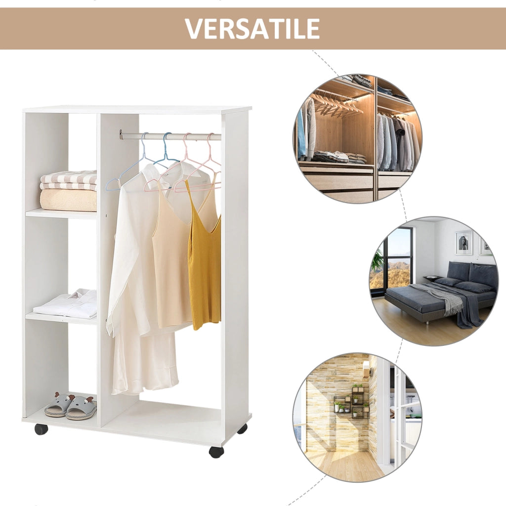 Armadio con Ruote, Appendabiti e 3 Ripiani ¨C Minimal ¨C Legno, 80x40x128 cm