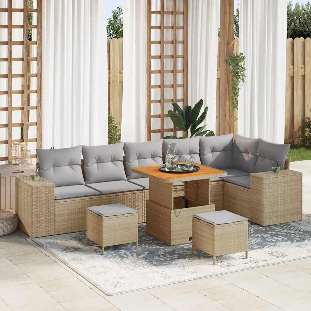 Set Divano da Giardino con cuscino 9 pcs Beige polyrattan