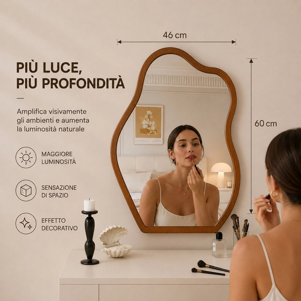 Specchio Asimmetrico da Parete 46x60 cm Cornice in Legno Noce